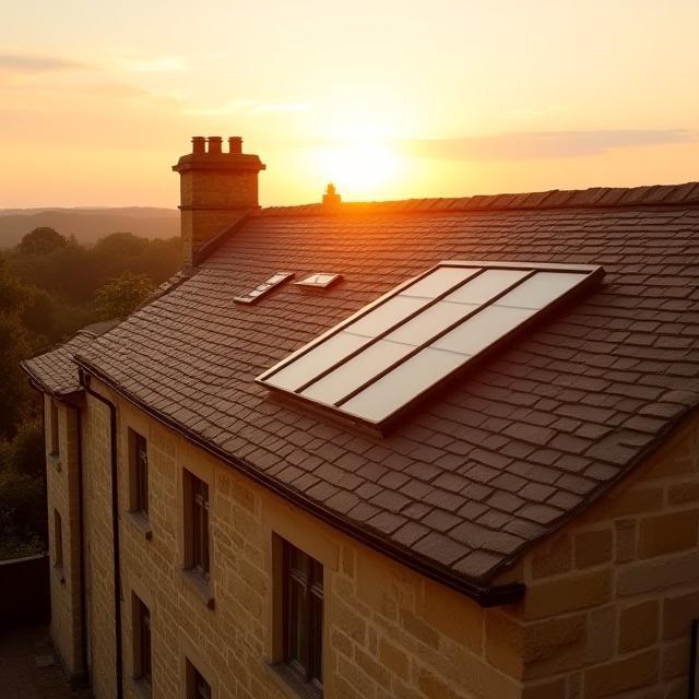 Cotswold manor lauze roof with sunset