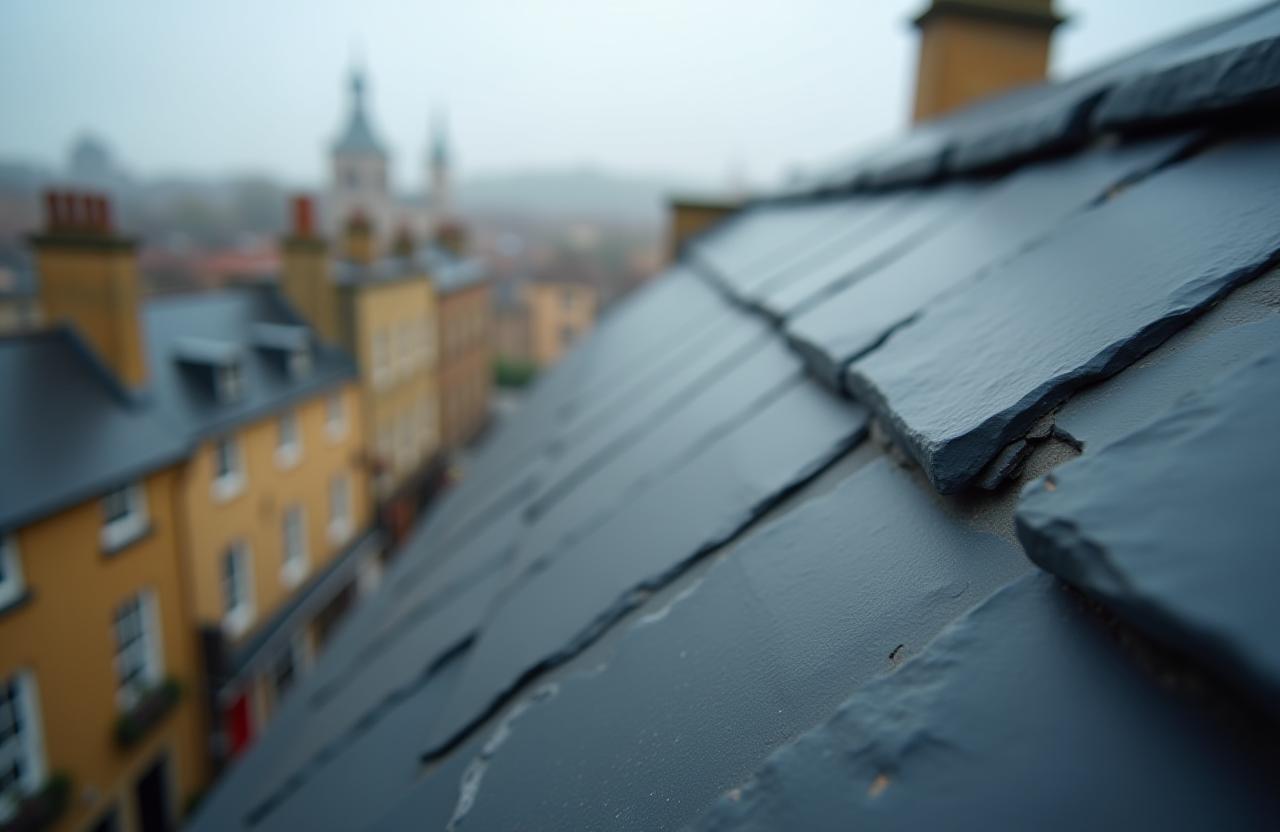 Close-up of hand-cut slate roof against Oxford skyline
